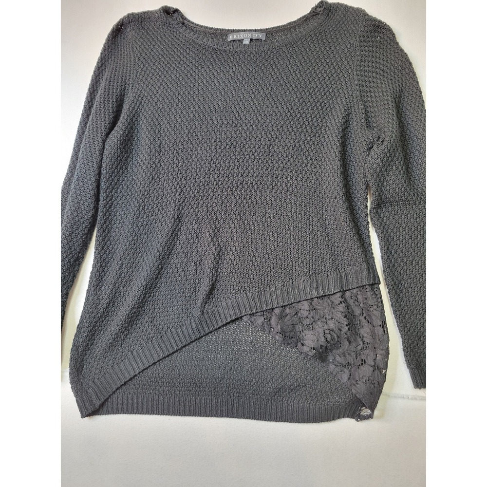 Brixon Ivy Black Textured Knit Asymmetrical Lace Hem Sweater Large